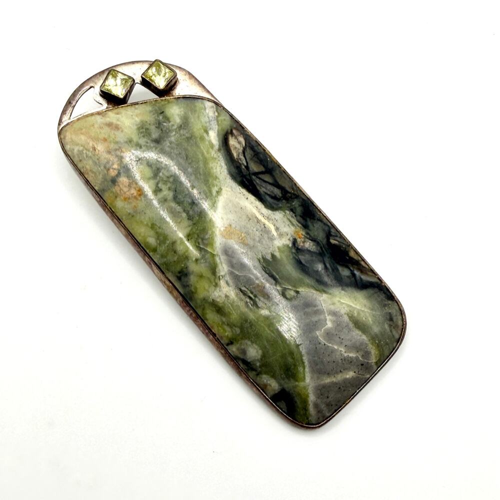 Vintage Massive Sterling Silver Green Serpentine Peridot Brooch Pendant